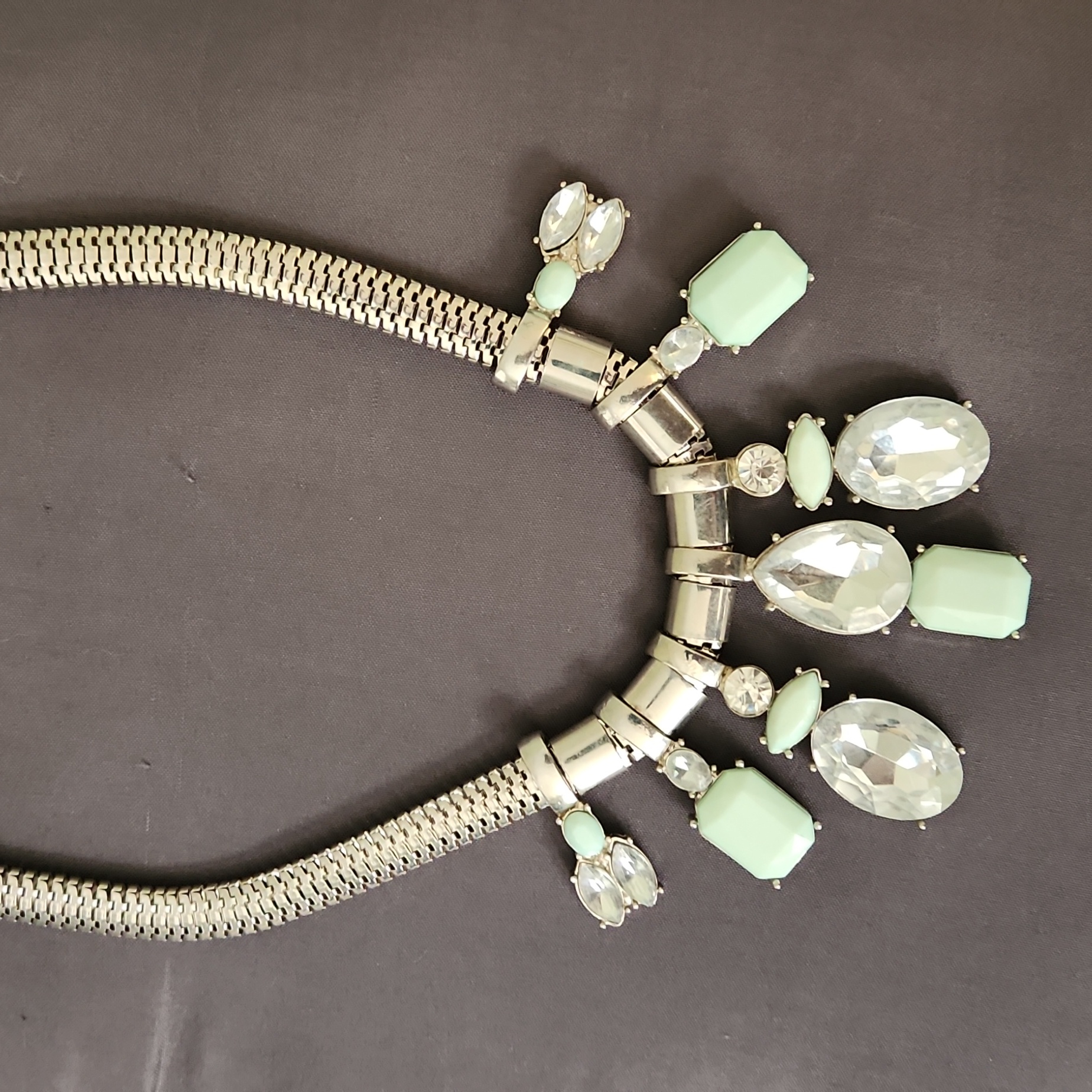Silver Necklace With Mint Green And Faux Diamond Accents.